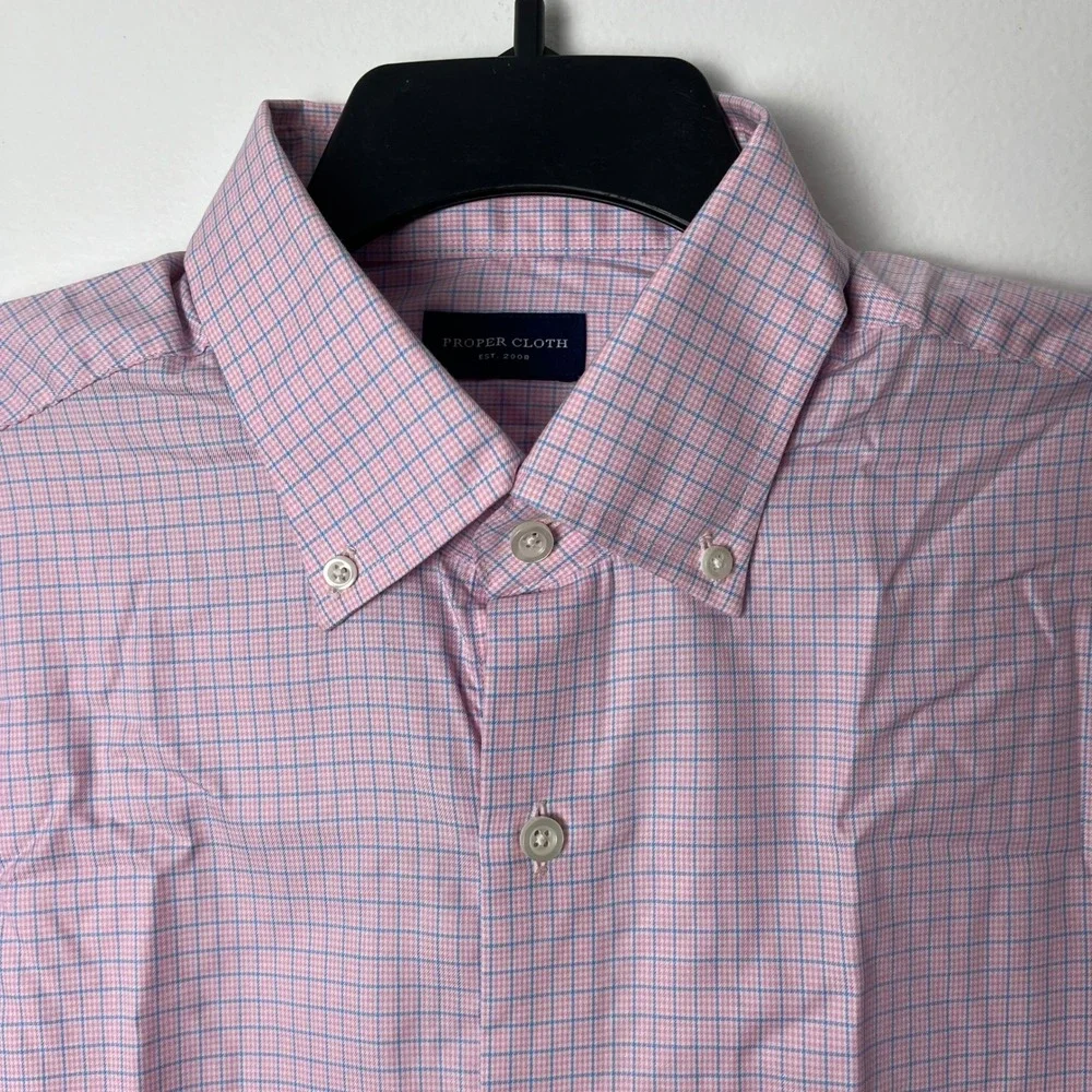 Proper Cloth Button Down Shirt Mens XL Pink Blue Plaid Short Sleeve Business